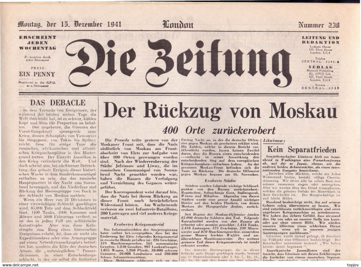 ENGLAND -  DIE  ZEITUNG  - KRIEG  MOSKAU - LONDON  - Komplette Zeitung - 1941 - Informations Générales