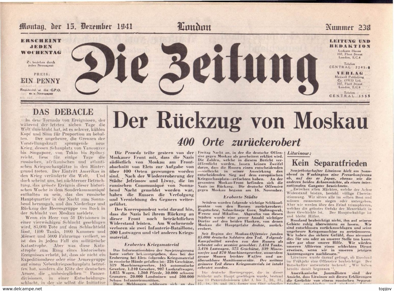 ENGLAND -  DIE  ZEITUNG  - KRIEG  MOSKAU - LONDON  - Komplette Zeitung - 1941 - Algemene Informatie