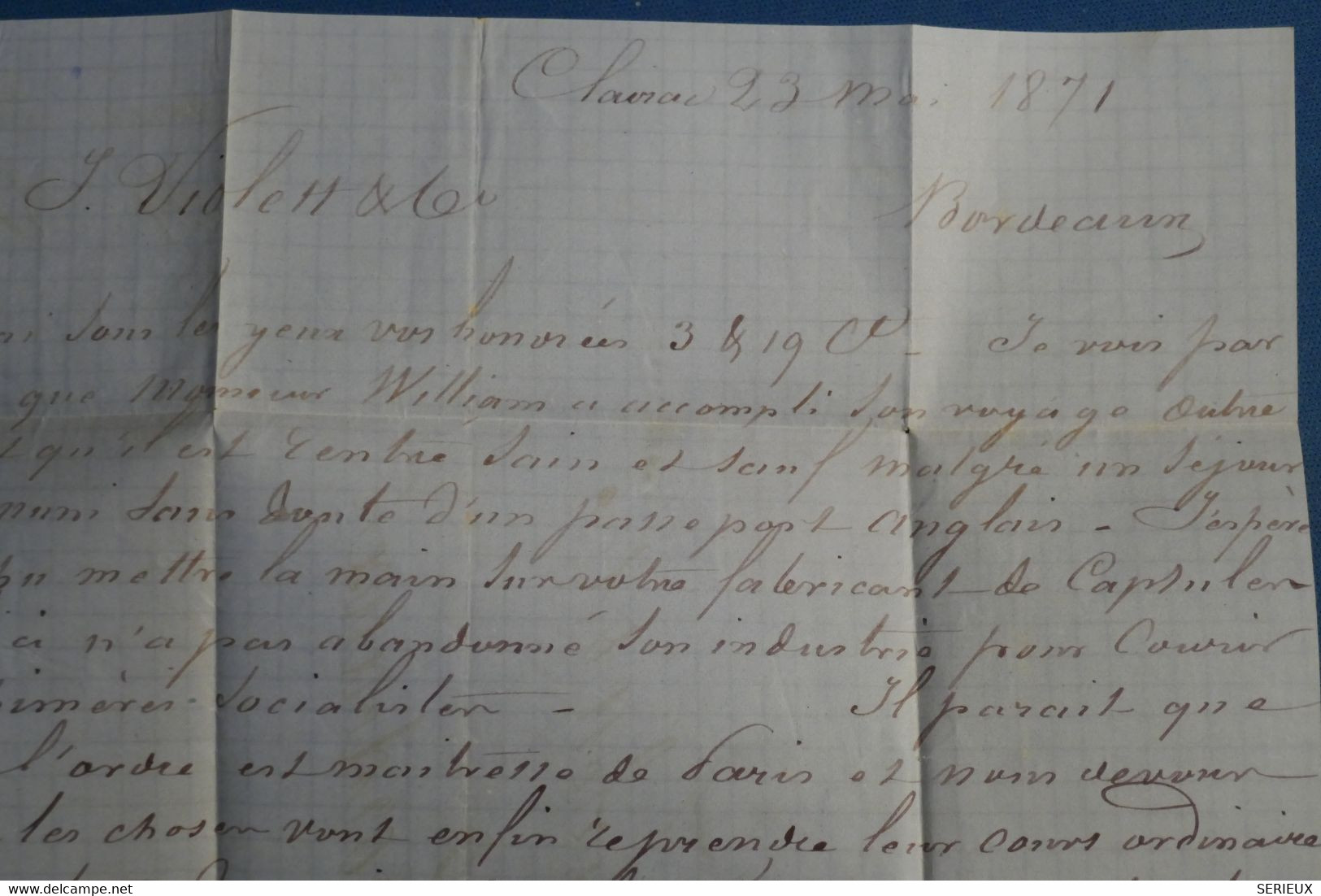 AJ5 FRANCE BELLE LETTRE 1871 CLAIRE..  POUR BORDEAUX   +BORDEAUX ++ + AFFRANCH. . INTERESSSAN - 1870 Emisión De Bordeaux