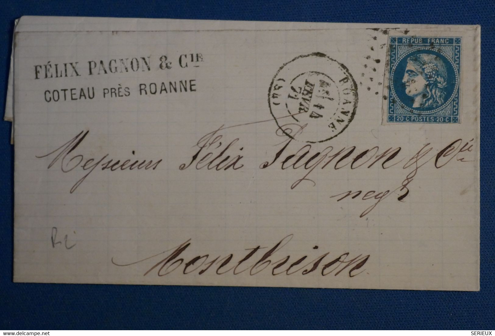AJ5 FRANCE BELLE LETTRE 1871 ROANNE   POUR MONTHEISON   +BORDEAUX ++ + AFFRANCH. . INTERESSSAN - 1870 Bordeaux Printing