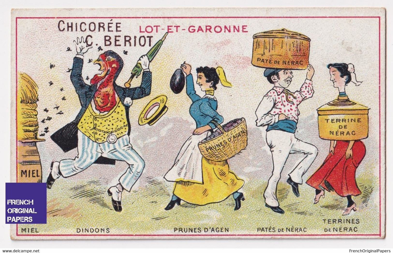 Anthropomorphisme Chromo Bériot Lot Et Garonne Miel Dindon Humanisé Prune Pruneau D'Agen Pâté Terrine De Nérac A62-65 - Tea & Coffee Manufacturers