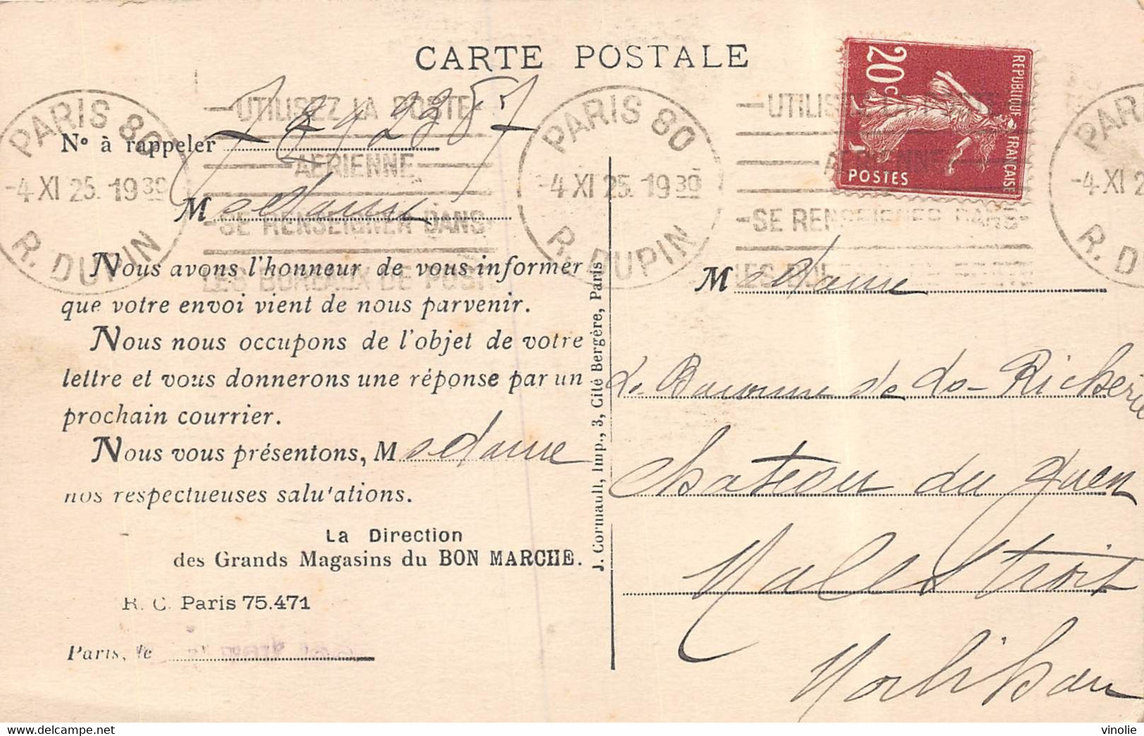 21-9157 : CARTE POSTALE DU BON MARCHE. PARIS. TIMBRE ROULETTE ? - Roulettes