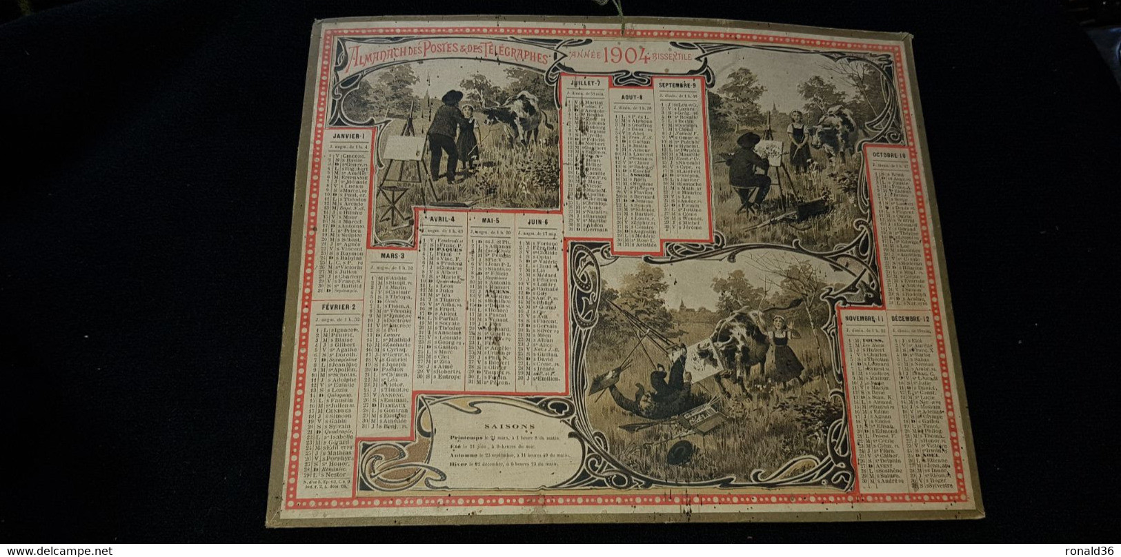 Grand CALENDRIER PTT ALMANACH POSTES & DES TELEGRAPHES 1904 / Illustration Peintre Tableau Vache Ferme - Big : 1901-20