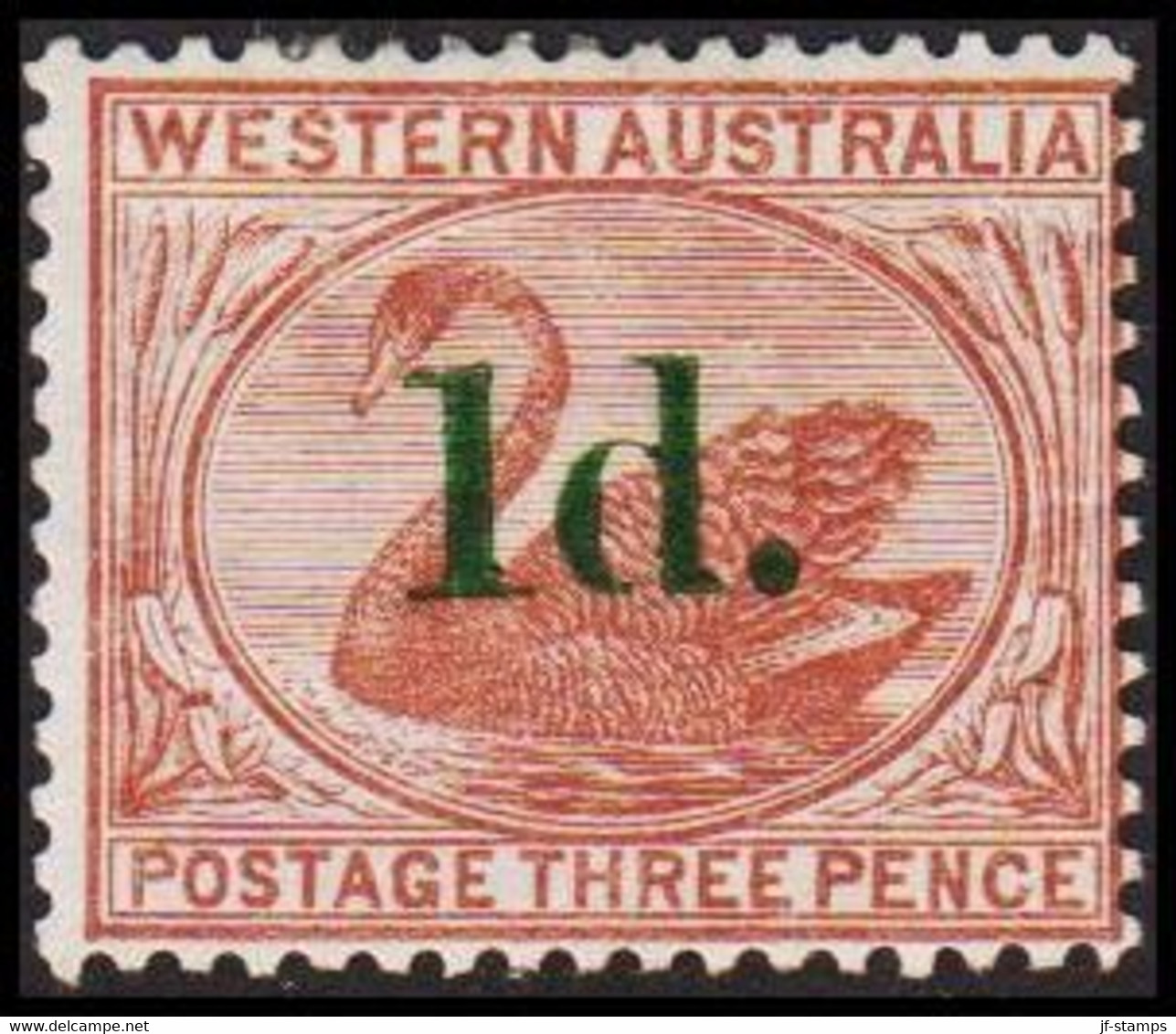 1885. Western Australia. 1 D. On THREE PENCE. Swan. Hinged.  (Michel 29 I) - JF512306 - Mint Stamps