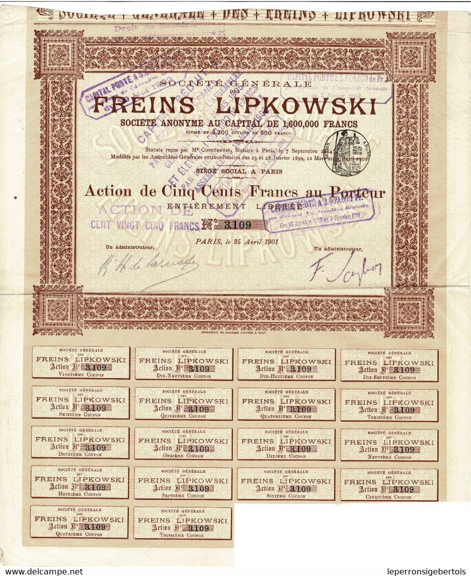 Titre Ancien - Société Générale Des Freins Lipkowski - Titre De 1901 - - Automobilismo