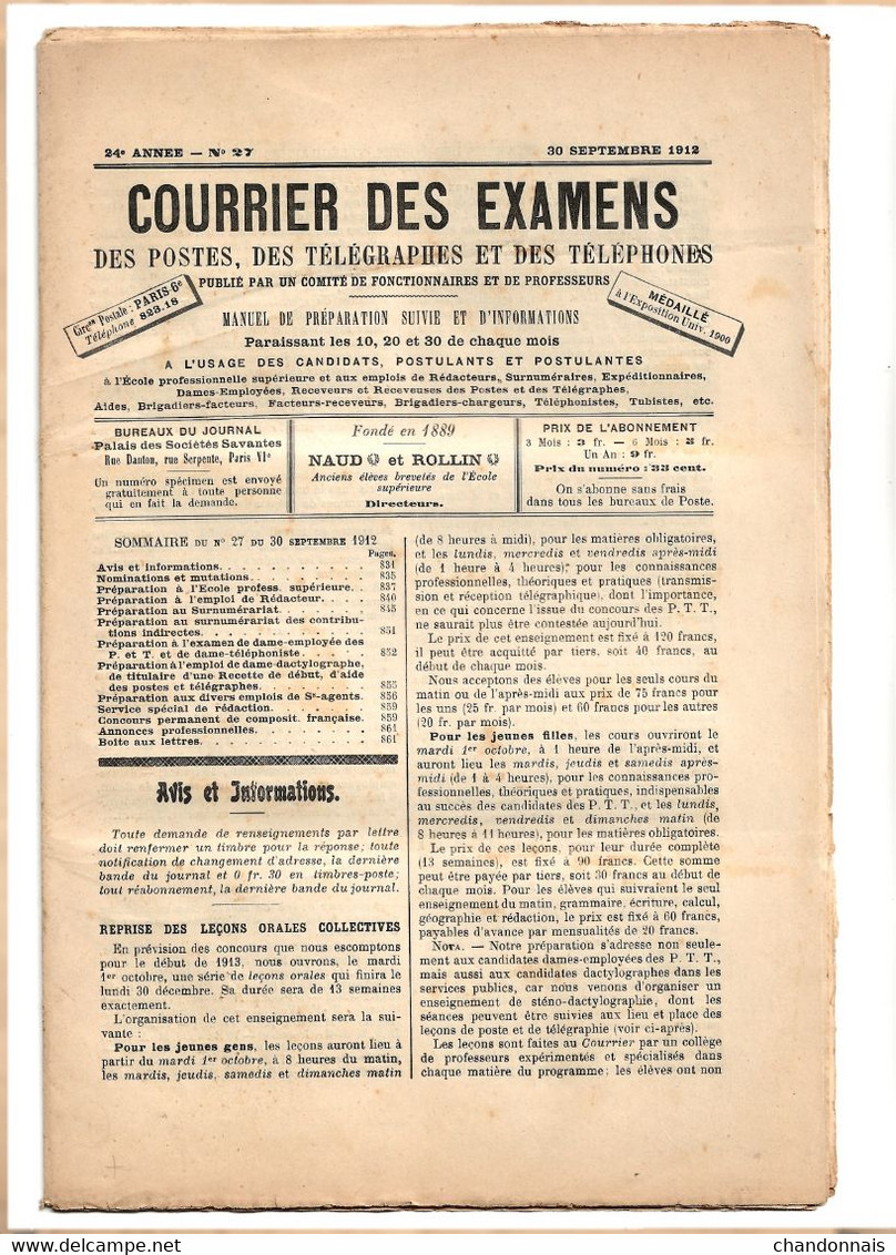 (L513) Deux Magazines Préparatoires Aux Concours De La Poste De 1909 Et 1912 (voir Détails) - Frans (tot 1940)