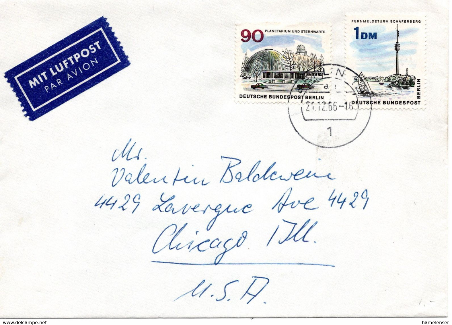 55453 - Berlin - 1966 - 1DM Neu-Berlin MiF A. LpBf. BERLIN -> Chicago, IL (USA) - Cartas & Documentos