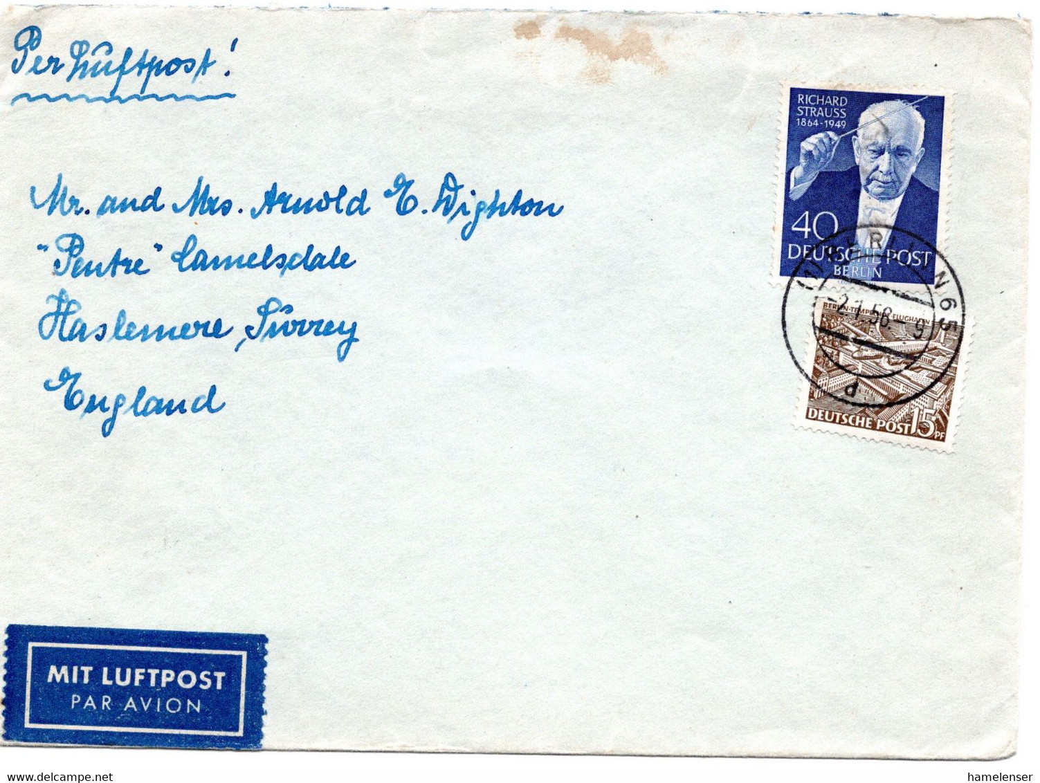 55455 - Berlin - 1956 - 40Pfg. Strauss MiF A. LpBf. BERLIN -> Grossbritannien - Covers & Documents