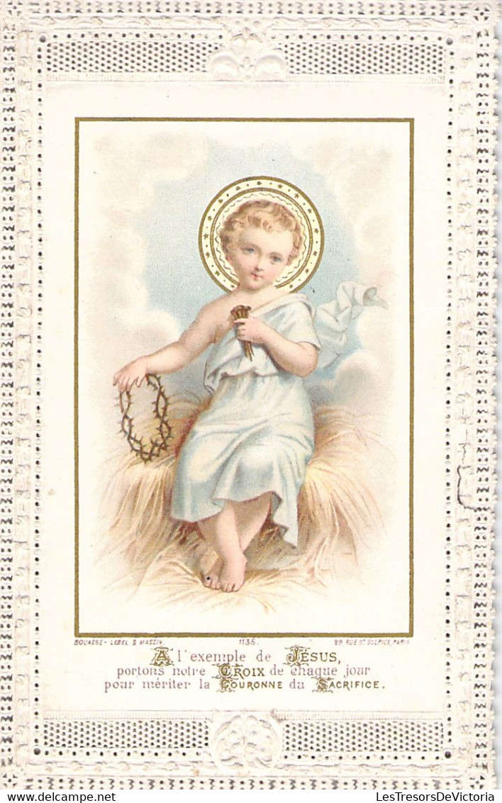 IMAGE PIEUSE RELIGIEUSE CANIVET DENTELLE - L'enfant Jésus Et La Courronne Du Sacrifice - Prière De Mgr De Segue - Devotieprenten