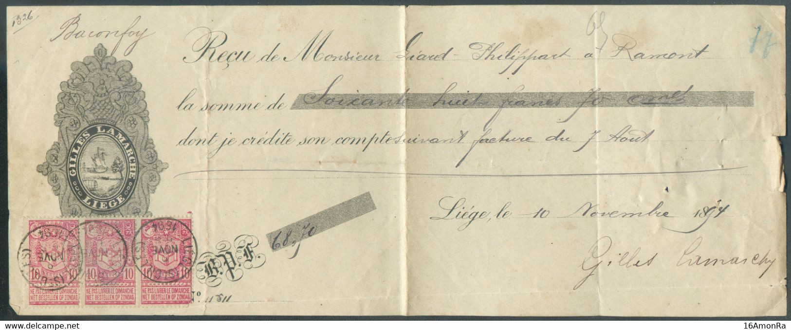 N°69(3) - Exposition D'ANVERS En Bande De Trois, Obl; Sc LIEGE (St-GILLES) Sur Reçu Du 10 Nomvembre 1894 De Mr. Liaret à - 1894-1896 Ausstellungen