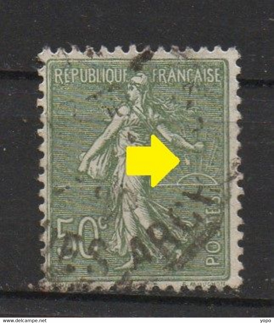 Variété Timbre SEMEUSE Lignée N°198 50 Centimes Vert Olive, Tache Entre 2 Rayons De Soleil - Used Stamps