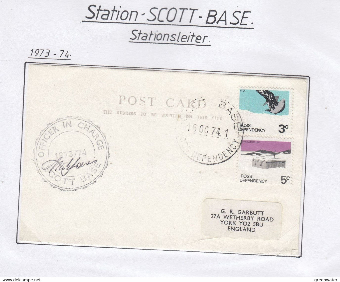 Ross Dependency 1974 Cover Scott Base Ca 16 OC 74 (SC115B) Si Officer In Charge Scott Base - Other & Unclassified