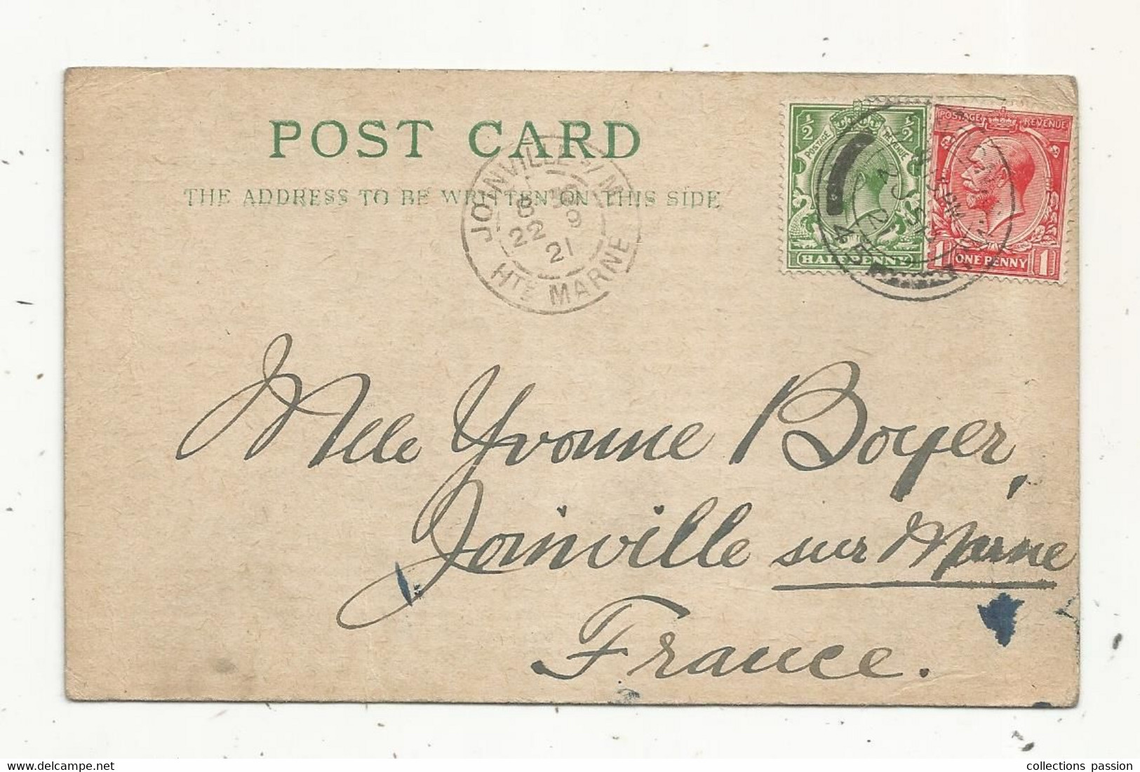 Post Card , Angleterre, LONDON S.W.1, 45, JOINVILLE S/ MARNE, HAUTE MARNE, 1921, Lister Institute Of Preventive Medecine - Postmark Collection