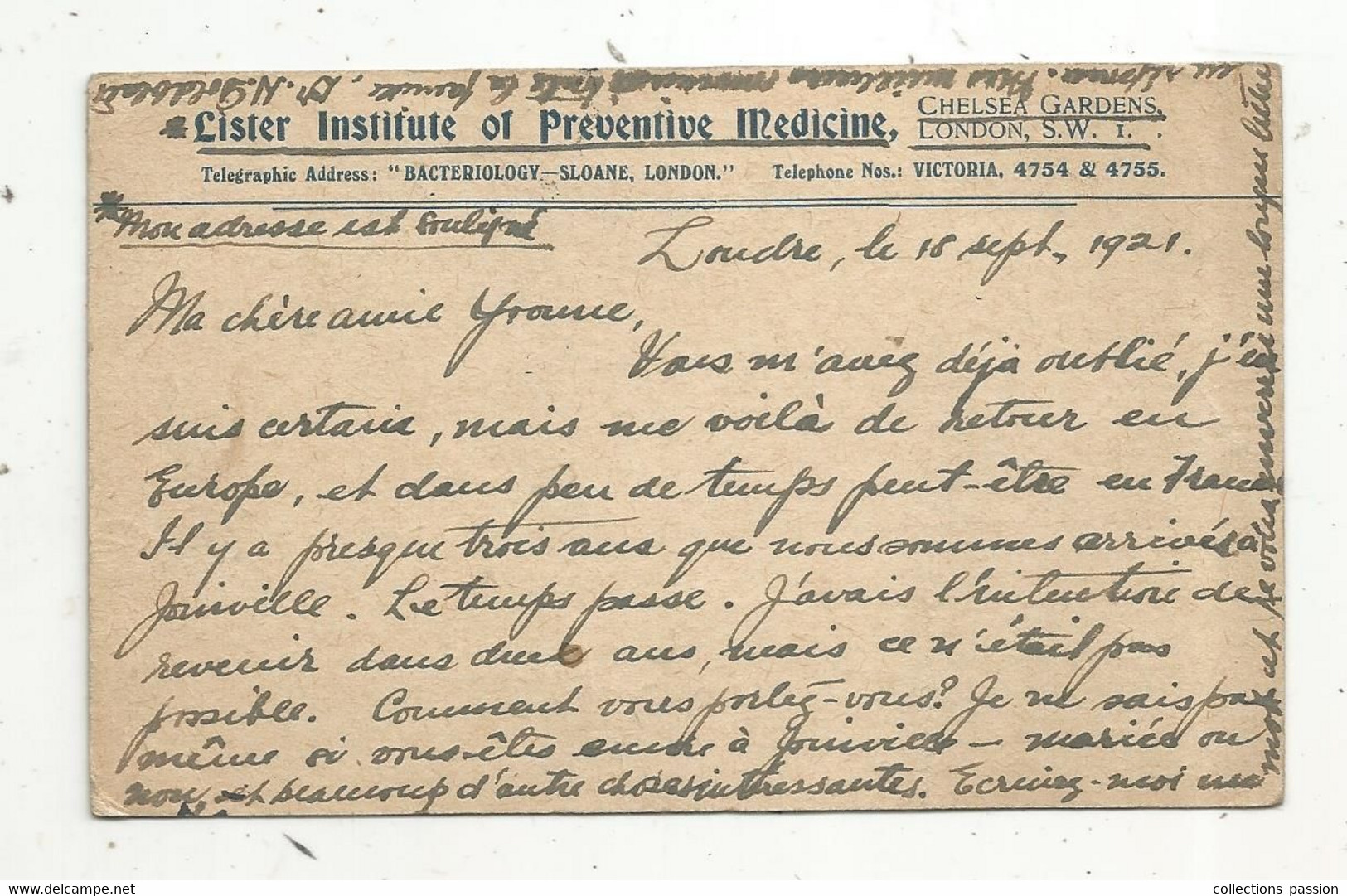 Post Card , Angleterre, LONDON S.W.1, 45, JOINVILLE S/ MARNE, HAUTE MARNE, 1921, Lister Institute Of Preventive Medecine - Marcofilie