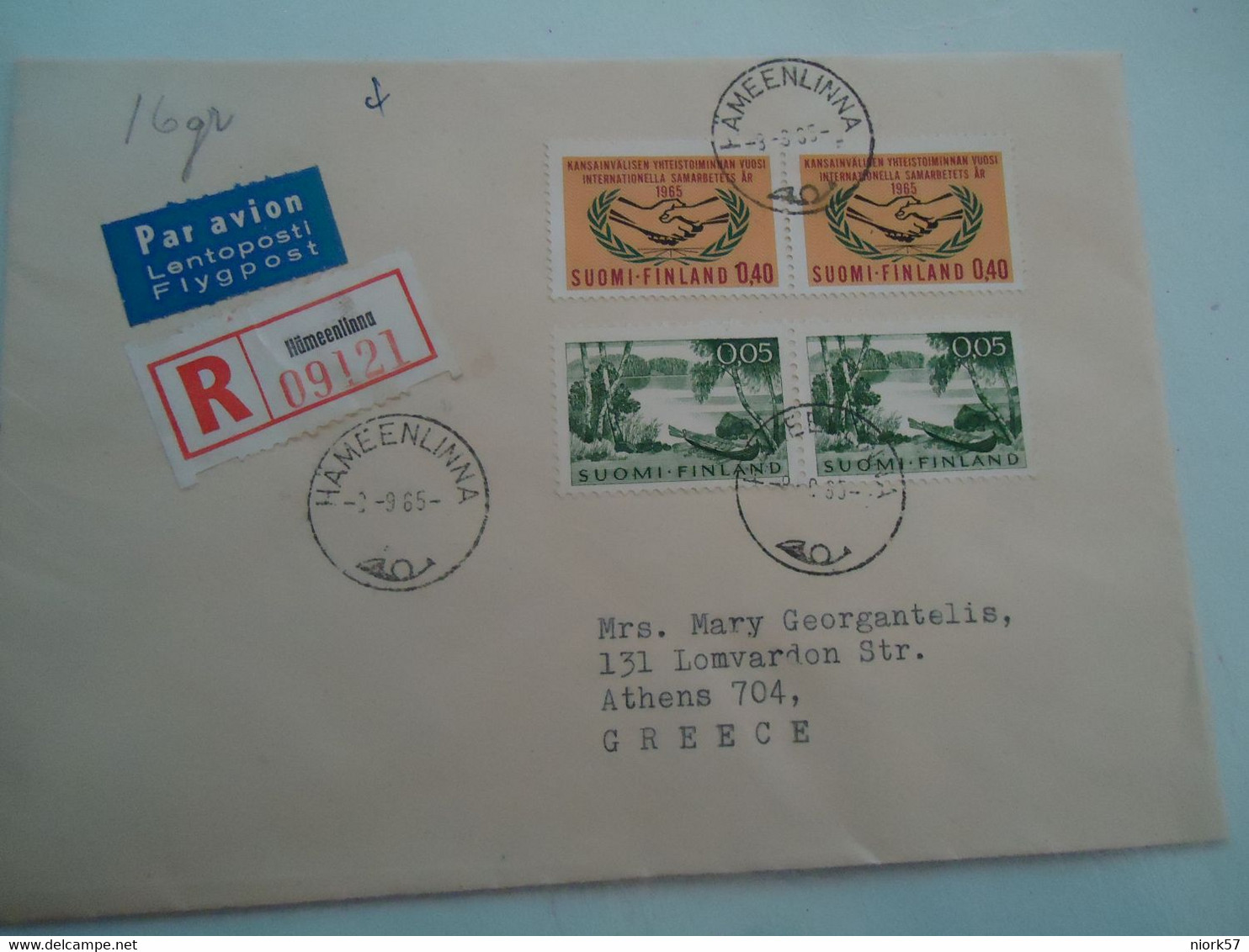 FINLAND COVER REGISTERED  1965   2 PAIR STAMPS   PAMEENLINNA  POSTED ATHENS  NEAPOLIS    2 SCAN - Maximum Cards & Covers