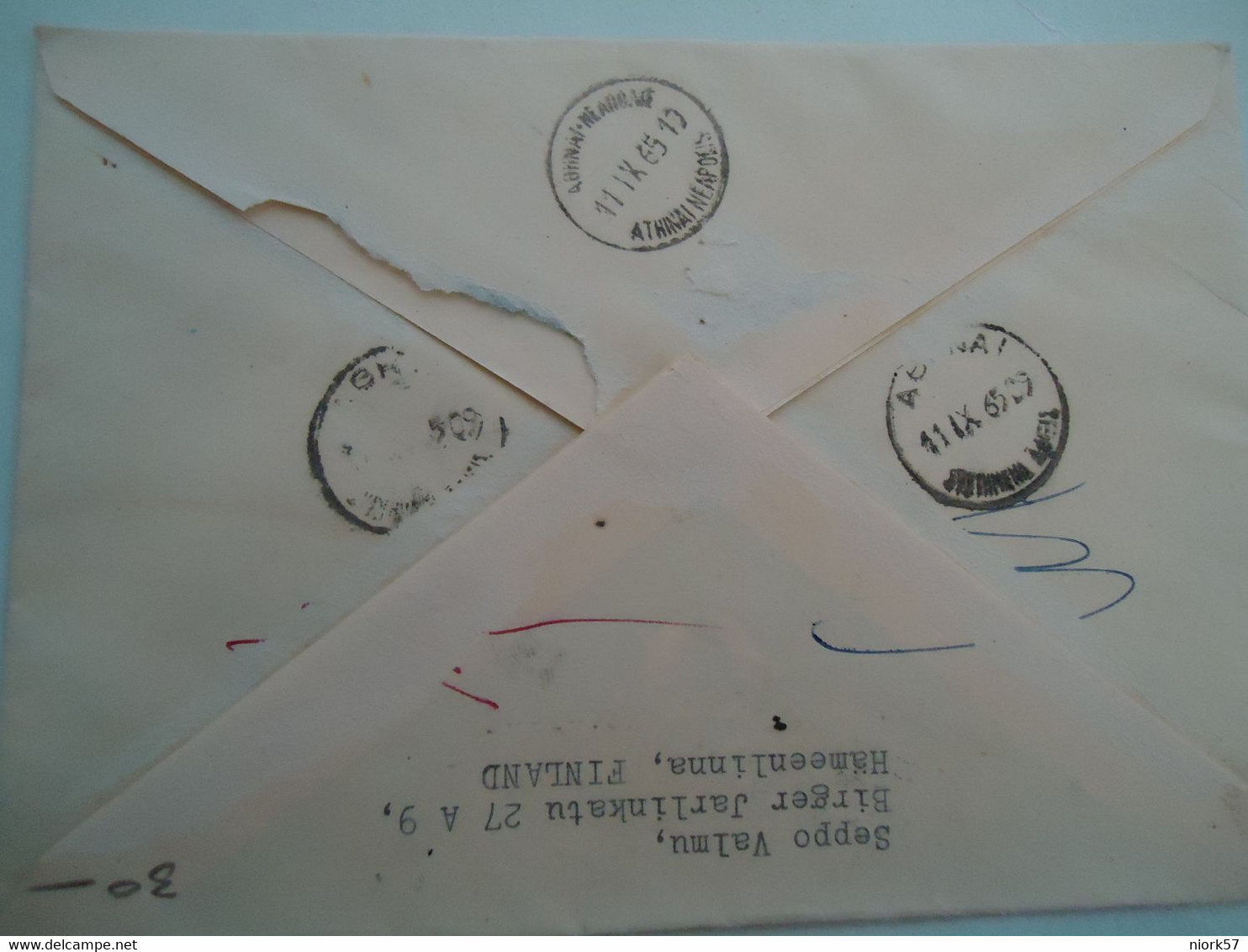 FINLAND COVER REGISTERED  1965   2 PAIR STAMPS   PAMEENLINNA  POSTED ATHENS  NEAPOLIS    2 SCAN - Maximum Cards & Covers