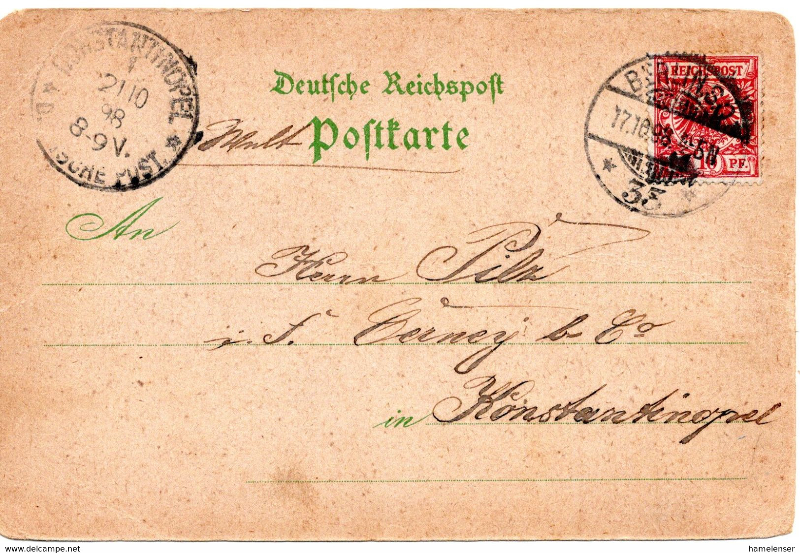 55618 - Deutsches Reich - 1898 - 10Pfg. Krone & Adler EF A. AnsKte. BERLIN -> CONSTANTINOPEL DEUTSCHE POST - Briefe U. Dokumente