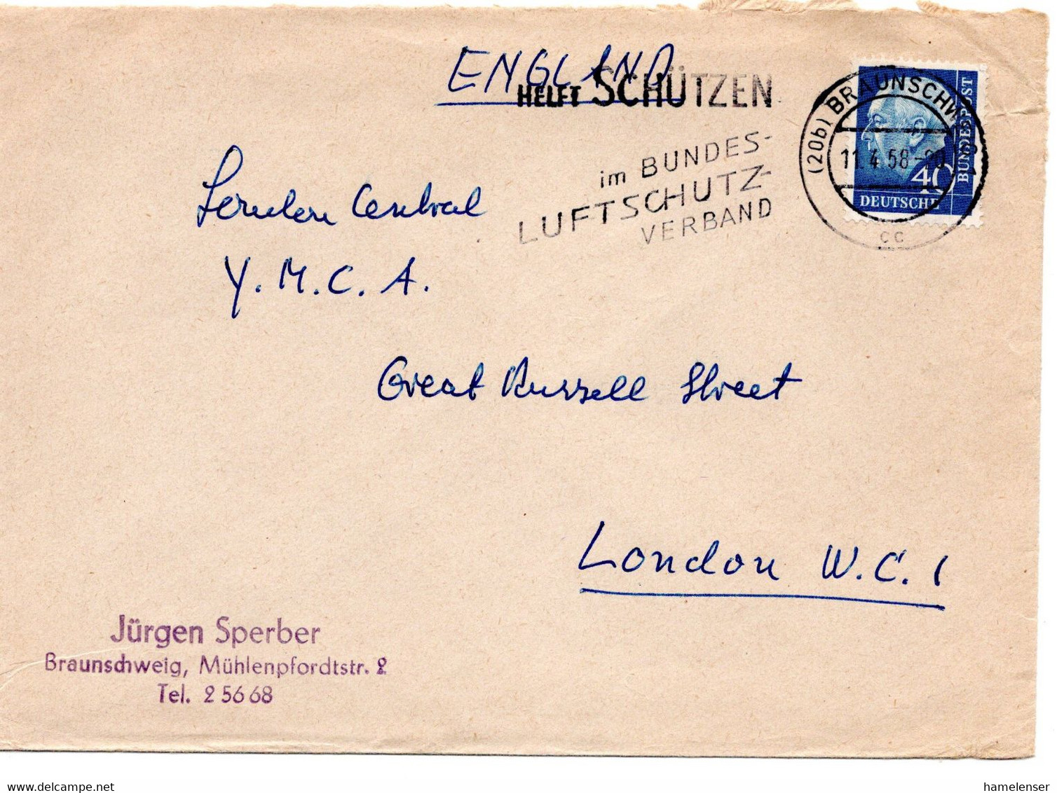 55621 - Bund - 1958 - 40Pfg. Heuss II EF A. Bf. BRAUNSCHWEIG - ... LUFTSCHUTZVERBAND -> Grossbritannien - Covers & Documents