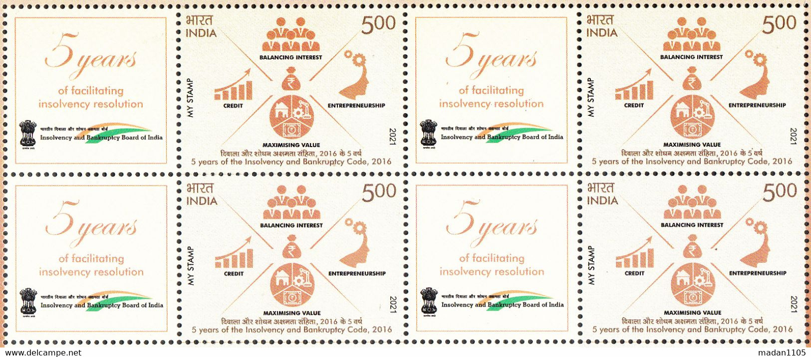 INDIA  2021 MY STAMP, INSOLVENCY & BANKRUPTCY CODE 2016, For Revival, 1v With Tab ,BLOCK OF 4, LIMITED Issue,MNH(**) - Neufs