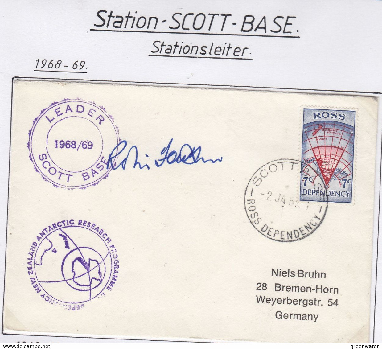 Ross Dependency 1969 Cover Scott Base Ca Leader Scott Base & Signature Ca 2 JA 69 (SC116B) - Covers & Documents