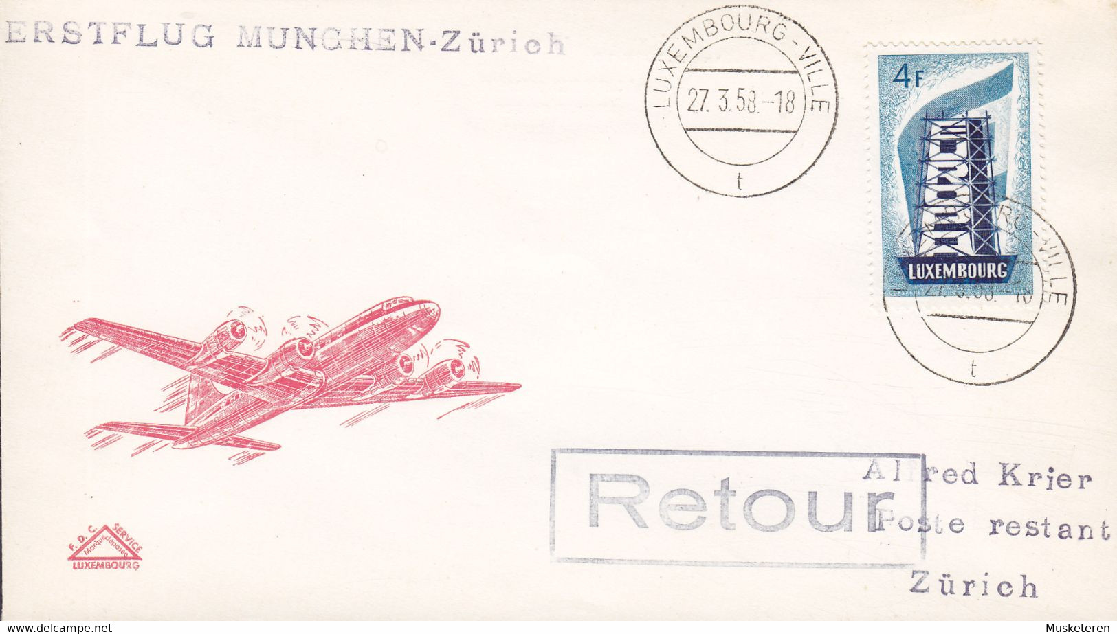 Luxembourg Erstflug First Flight Premiére Liason MÜNCHEN - ZÜRICH 1958 Cover Lettre 4 Fr. Europa CEPT Timbre (2 Scans) - Lettres & Documents
