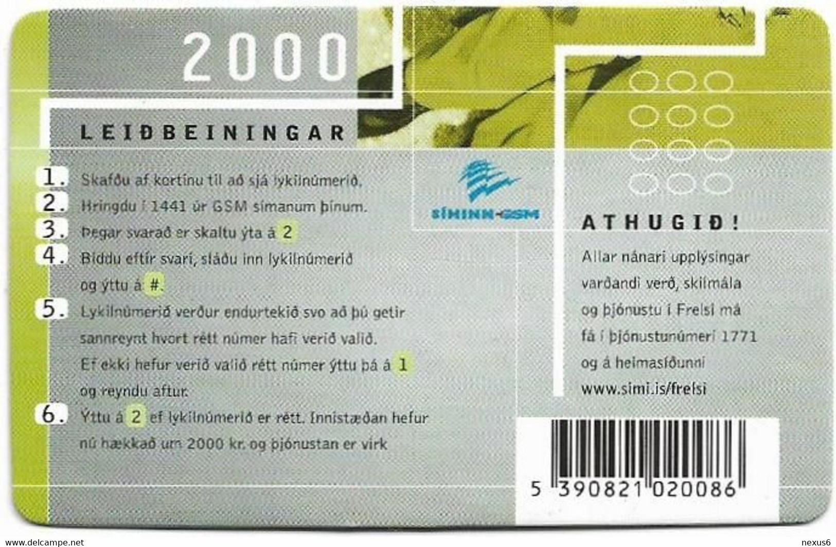 Iceland - Siminn - Frelsi, Lying Man, (Green), PIN No. Type #2, GSM Refill 2.000Kr, Used - Island