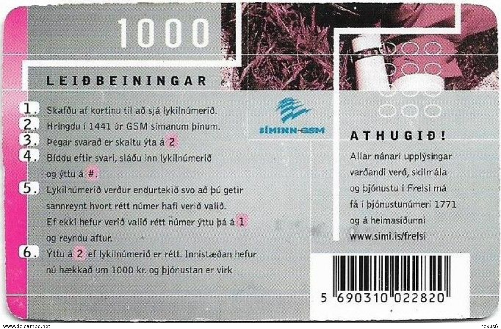 Iceland - Siminn - Frelsi, Lying Man, (Pink), PIN No. Type #1, GSM Refill 1.000Kr, Used - Island