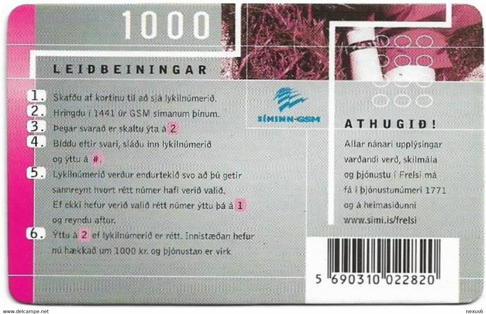 Iceland - Siminn - Frelsi, Lying Man, (Pink), PIN No. Type #2, GSM Refill 1.000Kr, Used - Island