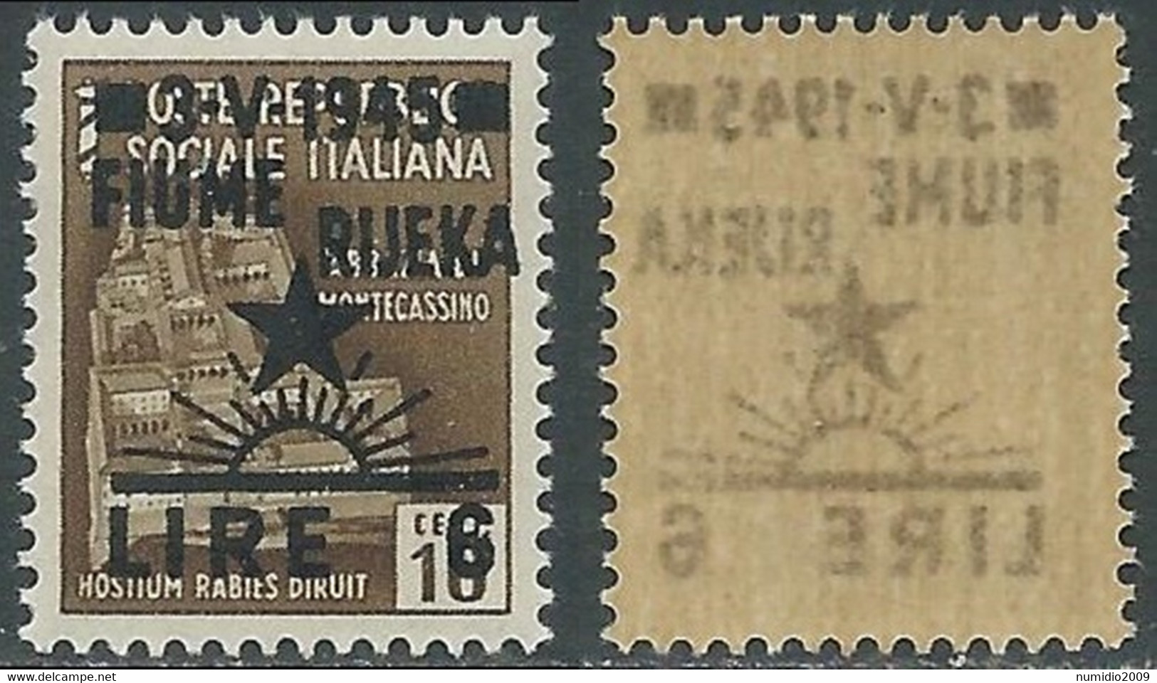 1945 OCCUPAZIONE JUGOSLAVA FIUME 6 LIRE SU 10 CENT DECALCO MNH ** - P19-6 - Occ. Yougoslave: Fiume