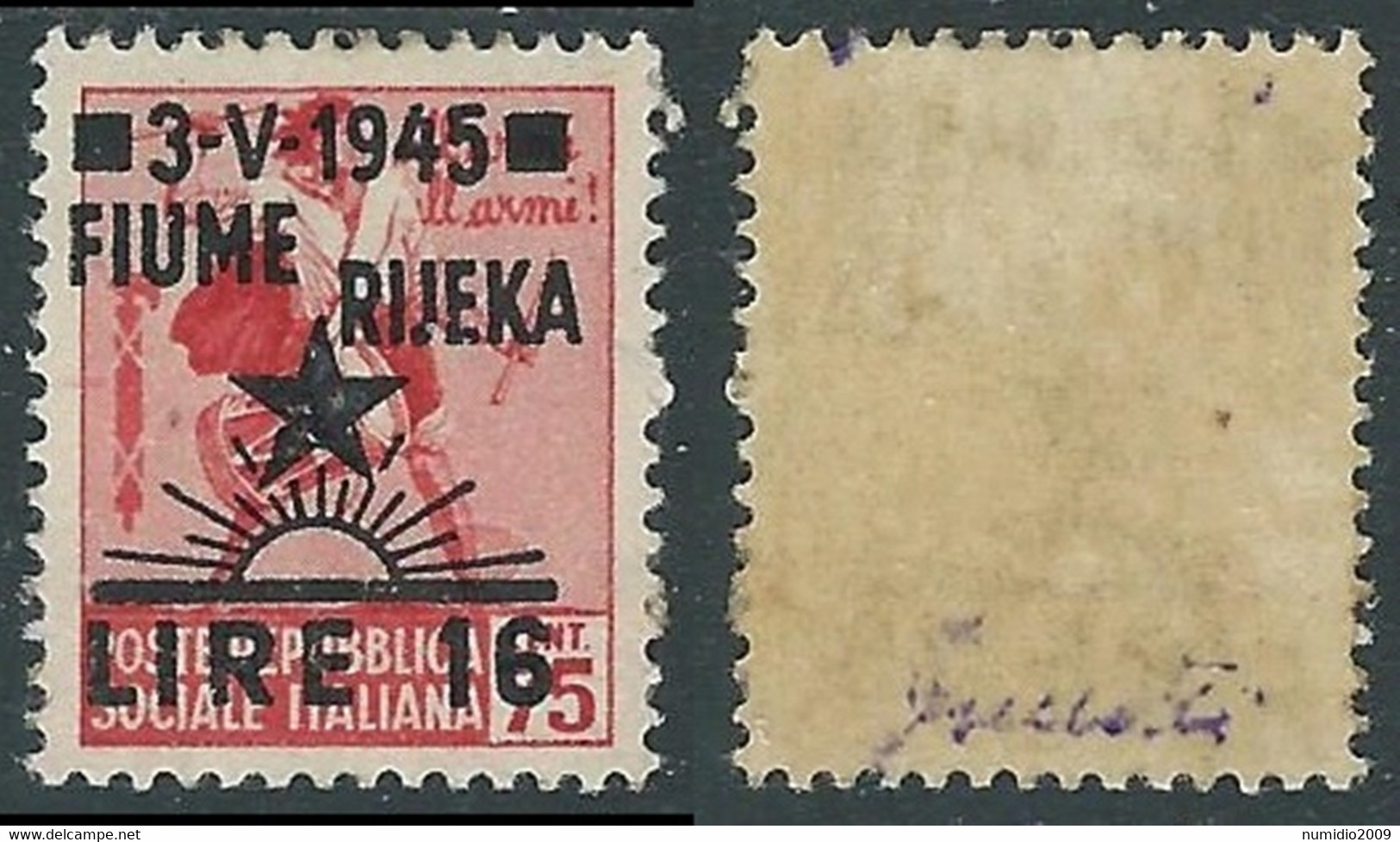 1945 OCCUPAZIONE JUGOSLAVA FIUME 16 LIRE SU 75 CENT NO FILIGRANA MH * - P19-7 - Joegoslavische Bez.: Fiume