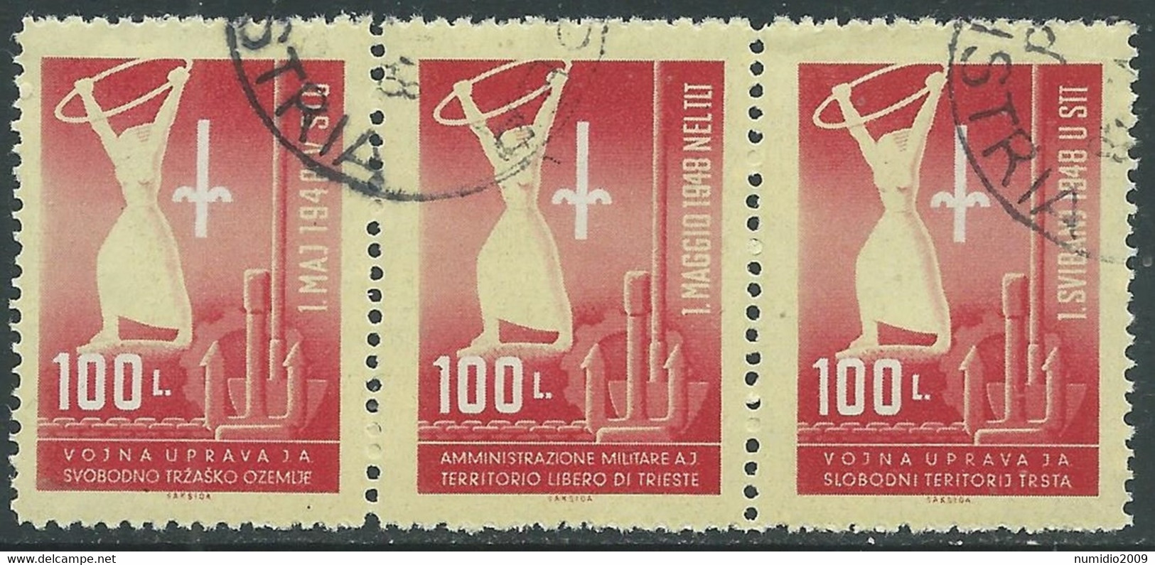 1948 TRIESTE B USATO PRIMO MAGGIO TRITTICO - RA10 - Gebraucht