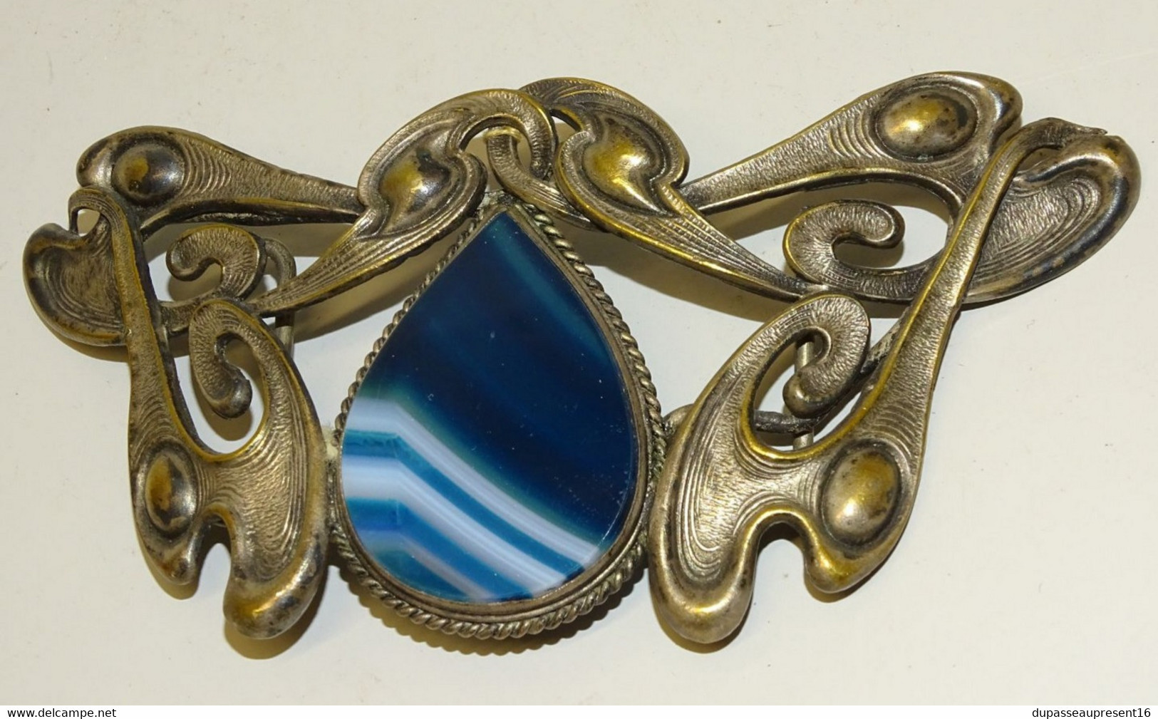 BELLE BOUCLE de CEINTURE ART NOUVEAU METAL Argenté PIERRE AGATE OBJET DE COLLECTION VETEMENTS ANCIENS