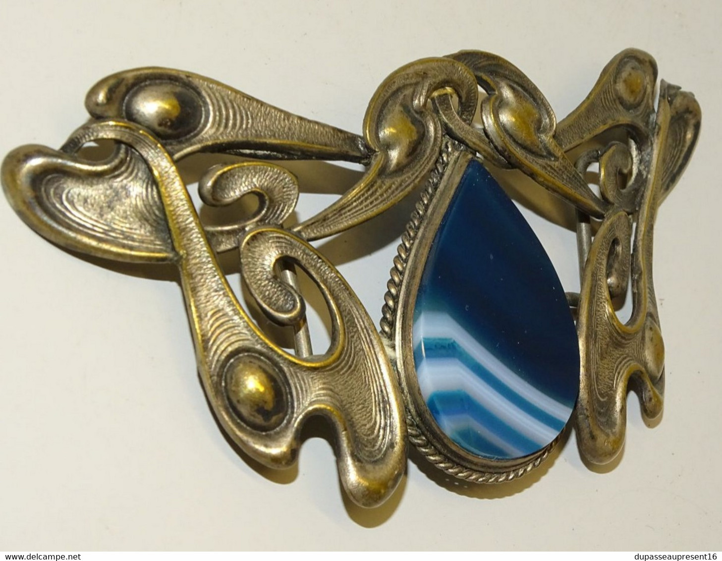 BELLE BOUCLE de CEINTURE ART NOUVEAU METAL Argenté PIERRE AGATE OBJET DE COLLECTION VETEMENTS ANCIENS