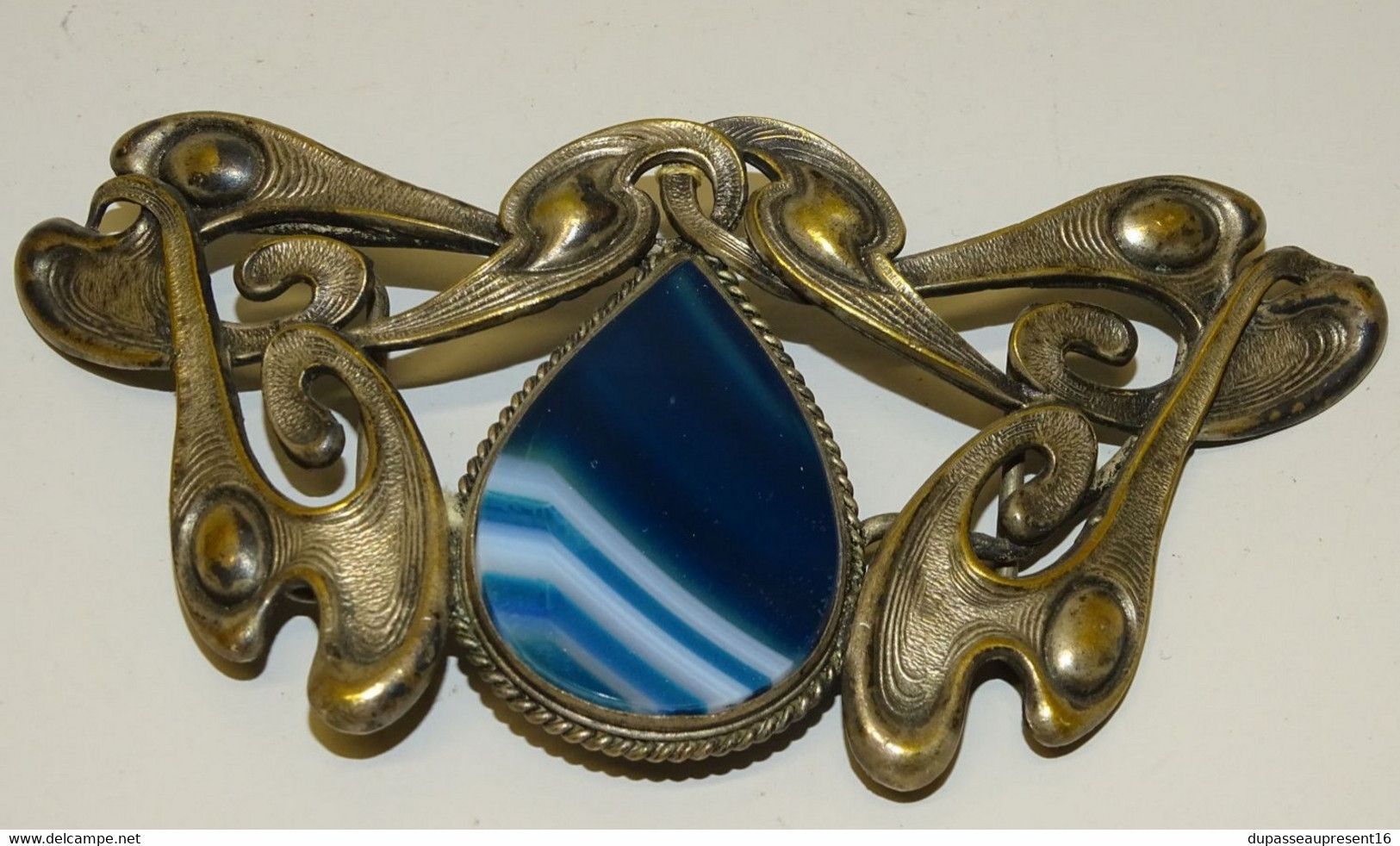 BELLE BOUCLE de CEINTURE ART NOUVEAU METAL Argenté PIERRE AGATE OBJET DE COLLECTION VETEMENTS ANCIENS