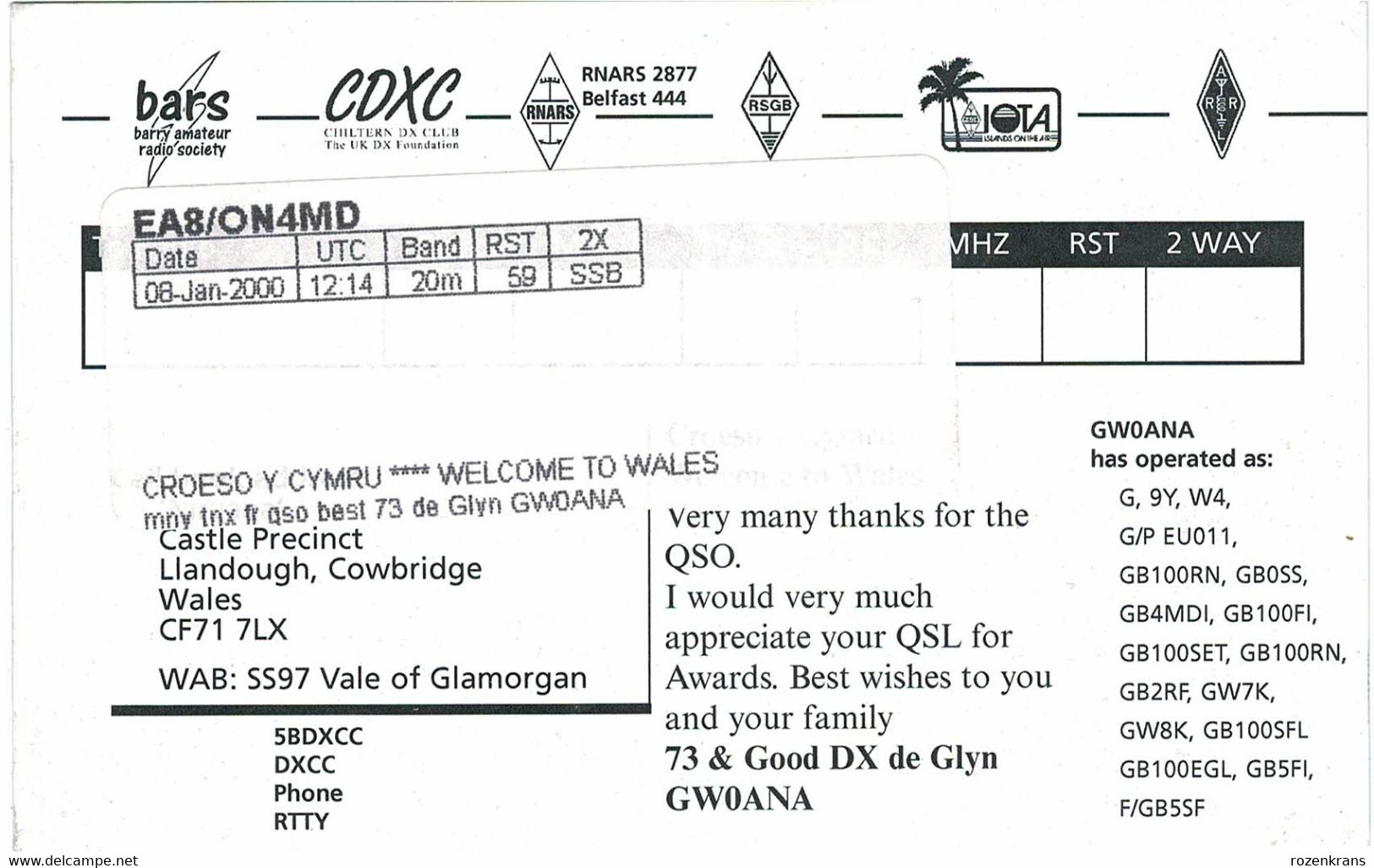 QSL Card Amateur Radio Funkkarte 2000 Wales Cowbridge Gwoana - Radio Amatoriale