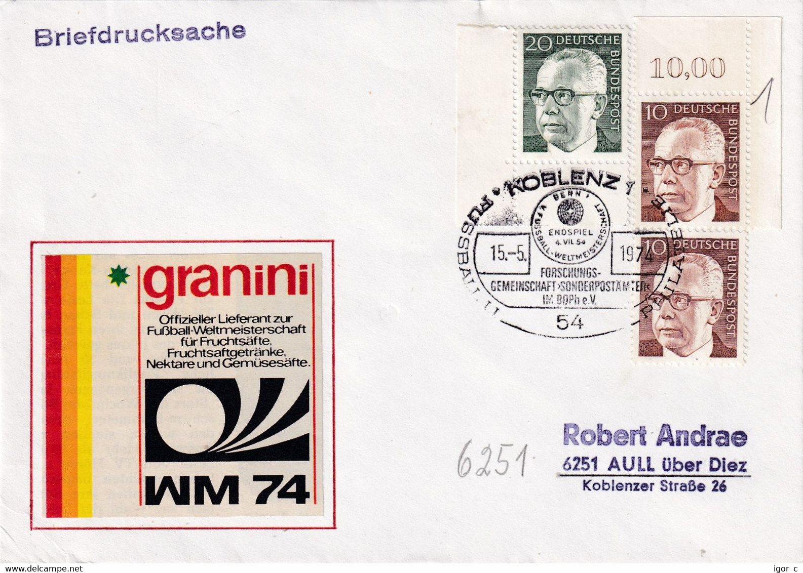 Germany 1974 Cover: Football Soccer Fussball Calcio FIFA World Cup Mundial; Wunder Won Bern 1954; Koblenz Cancellation - 1954 – Suisse