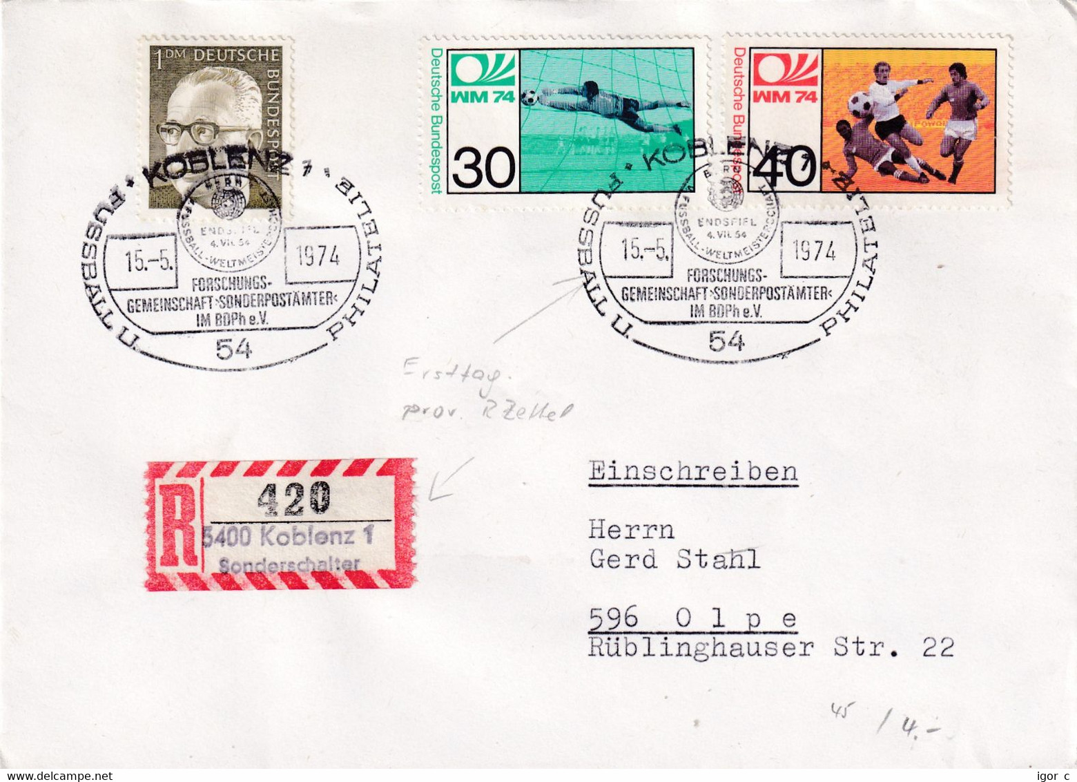 Germany 1974 Registered Cover: Football Soccer Fussball Calcio FIFA World Cup Mundial; Wunder Won Bern 1954; Koblenz - 1954 – Switzerland