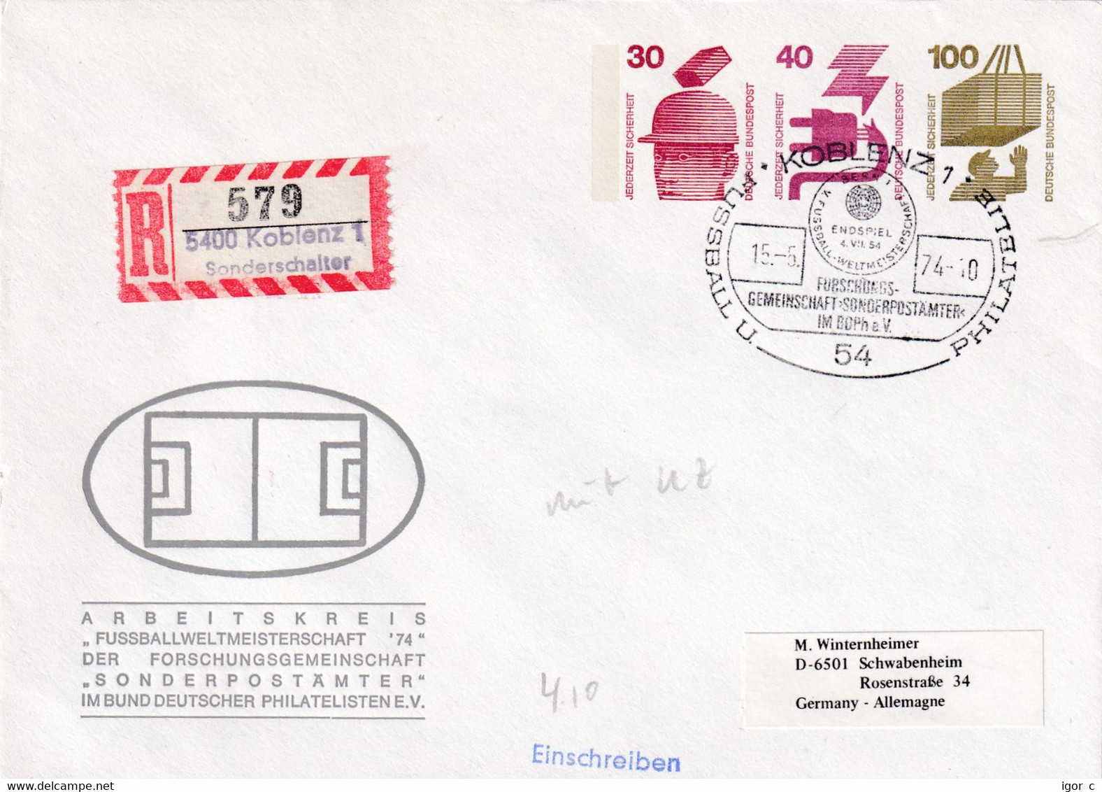 Germany 1974 Registered Stationery Cover: Football Soccer Fussball Calcio FIFA World Cup; Wunder Won Bern 1954; Koblenz - 1954 – Suisse