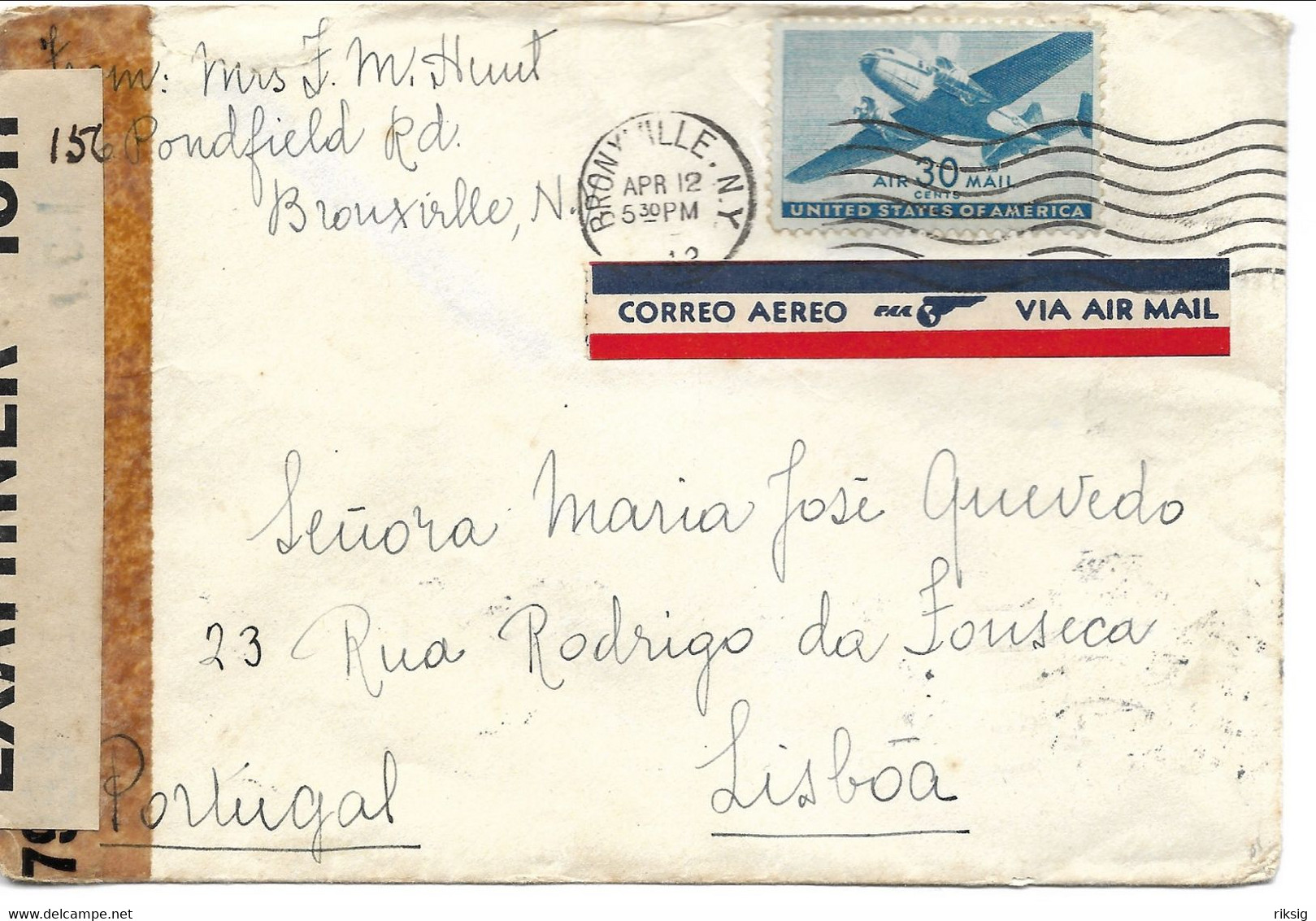 USA. Cover Sent To Lisboa Portugal.  Opened By Examiner.  H-1807 - 1941-60