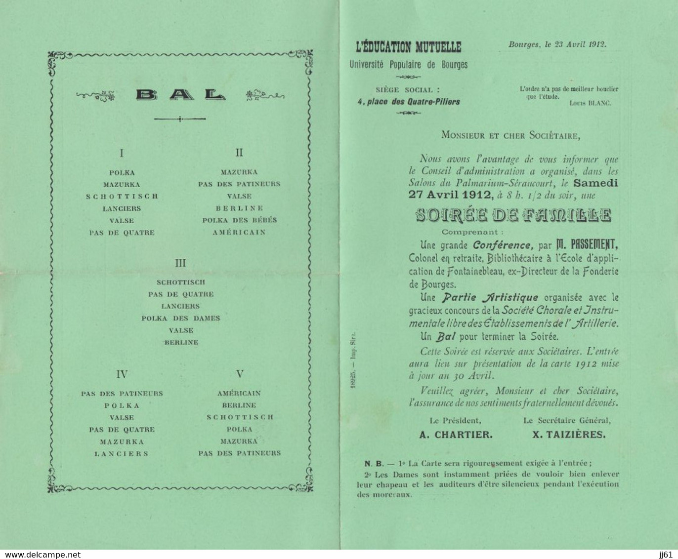 BOURGES PROGRAMME SOIREE DE FAMILLE BAL ANNEE 1912 EDUCATION MUTUELLE CONFERENCE MR PASSEMENT COLONEL EN RETRAITE - Andere & Zonder Classificatie