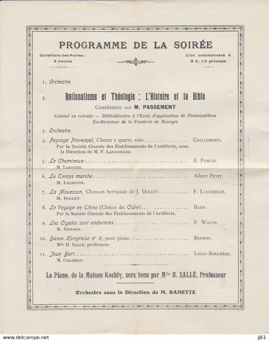 BOURGES PROGRAMME SOIREE DE FAMILLE BAL ANNEE 1912 EDUCATION MUTUELLE CONFERENCE MR PASSEMENT COLONEL EN RETRAITE - Andere & Zonder Classificatie