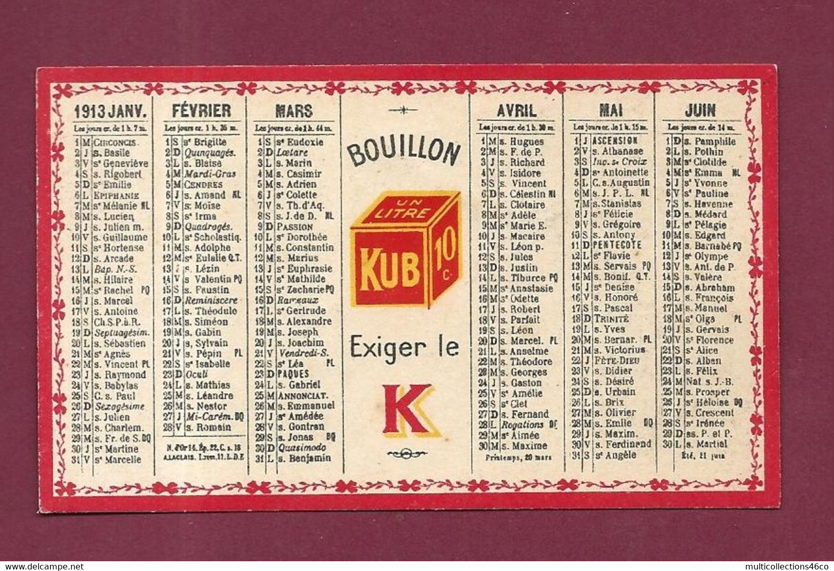 051221 - PETIT CALENDRIER 1913 - PUB BOUILLON KUB Exiger Le K - Petit Format : 1901-20