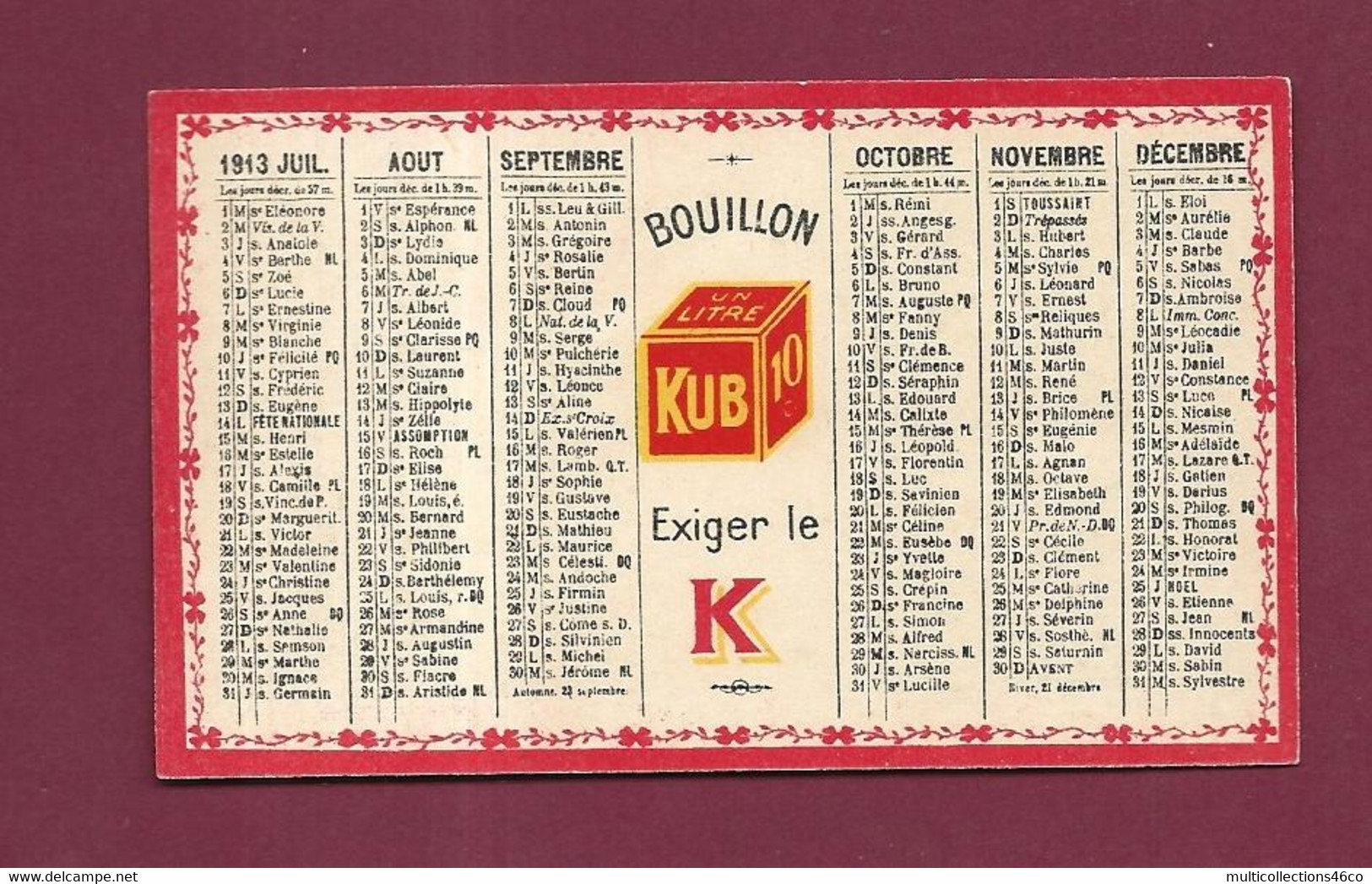 051221 - PETIT CALENDRIER 1913 - PUB BOUILLON KUB Exiger Le K - Petit Format : 1901-20