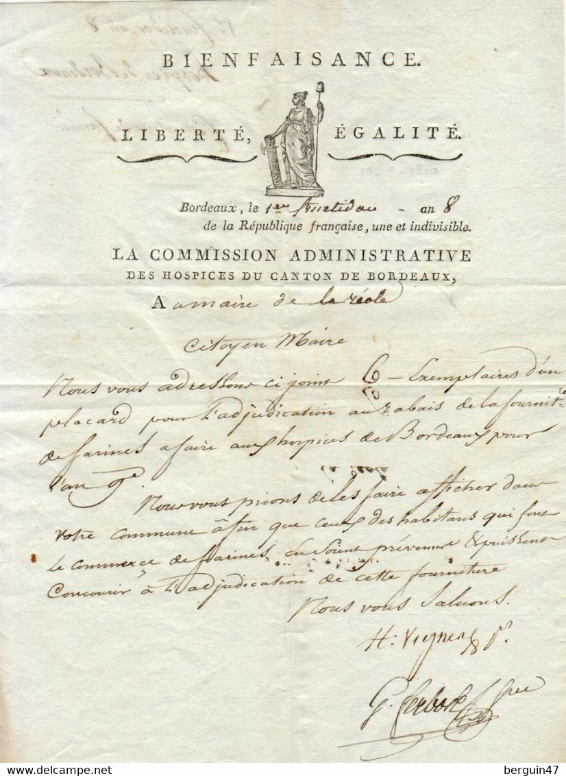 LA RÉOLE 1er FRUCTIDOR AN 8 COMMISSION DES HOSPICES DU CANTON DE BORDEAUX FOURNITURE DE FARINE - Manuscritos