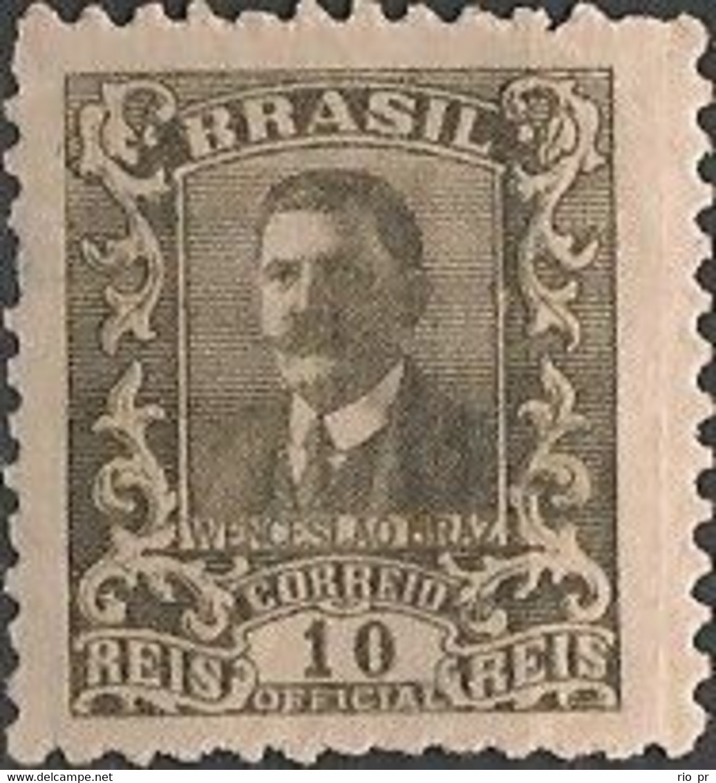 BRAZIL - OFFICICAL STAMP: WENCESLAU BRAZ (10 RÉIS, BROWN OLIVE, WATERMARK Mi.4 "CASA DA MOEDA") 1919 - MLH - Nuovi