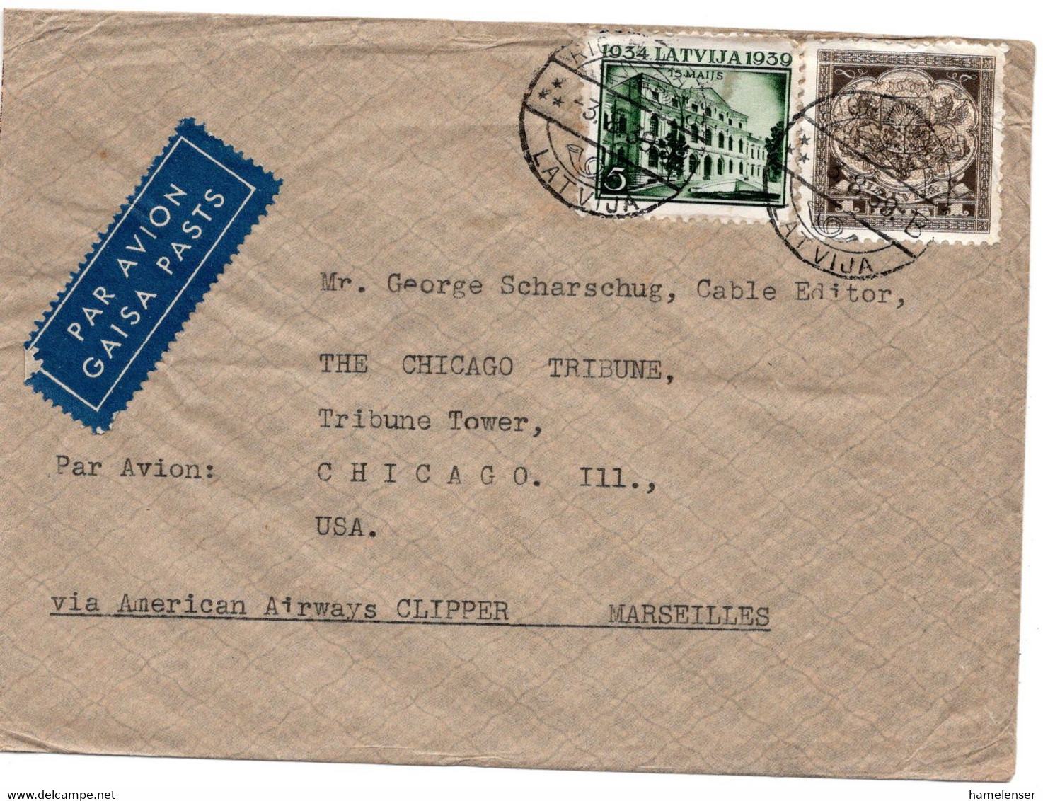 55635 - Lettland - 1938 - 1L. MiF A. LpBf RIGA -> Chicago, IL (USA) - Latvia