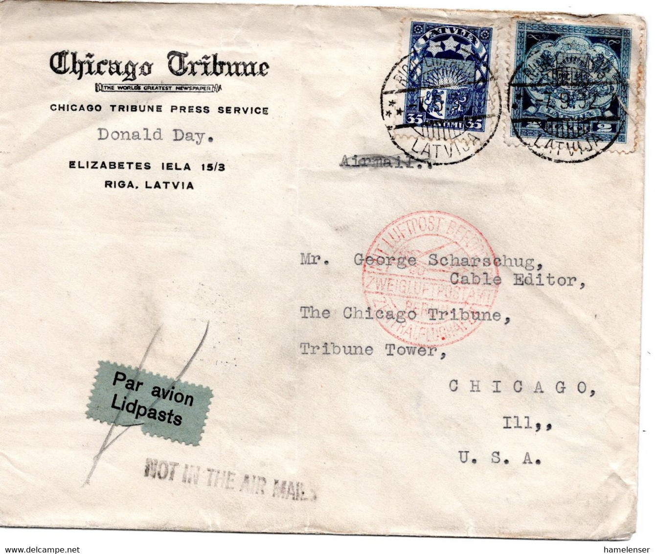 55636 - Lettland - 1932 - 2L. MiF A. LpBf RIGA -> BERLIN ZENTRALFLUGHAFEN -> Chicago, IL (USA), Le. Buegig - Letonia