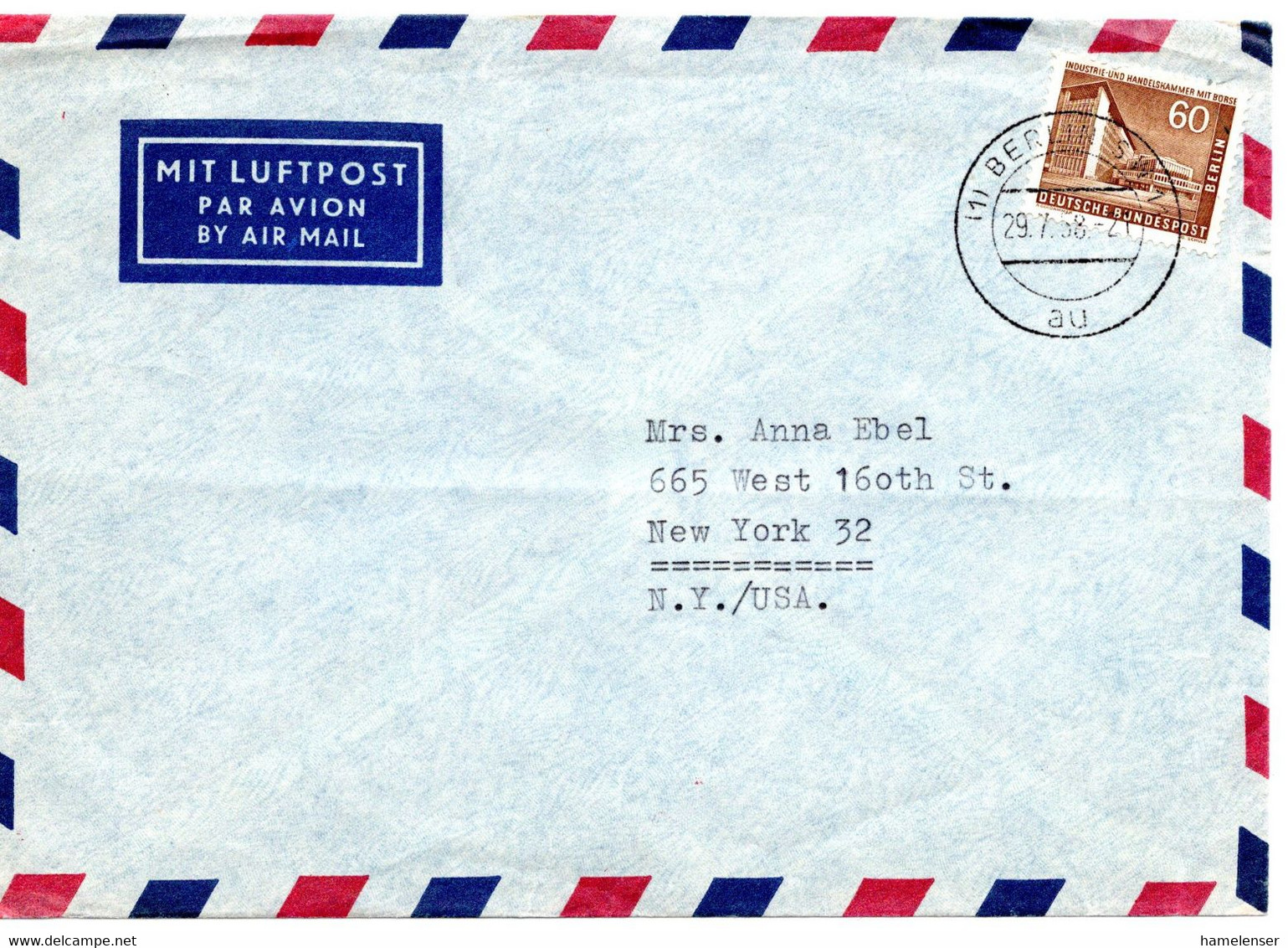 55641 - Berlin - 1958 - 60Pfg. Bauten EF A. LpBf. BERLIN -> New York, NY (USA) - Lettres & Documents
