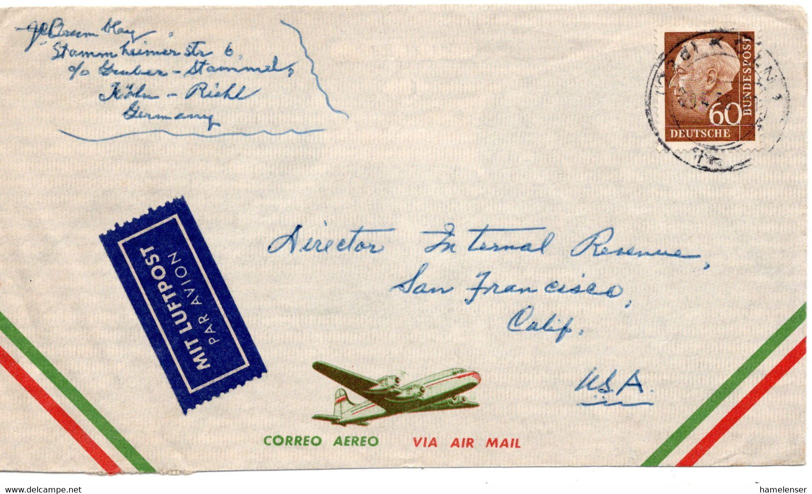 55646 - Bund - 1958 - 60Pfg. Heuss II A. LpBf. KOELN -> San Francisco, CA (USA) - Cartas & Documentos