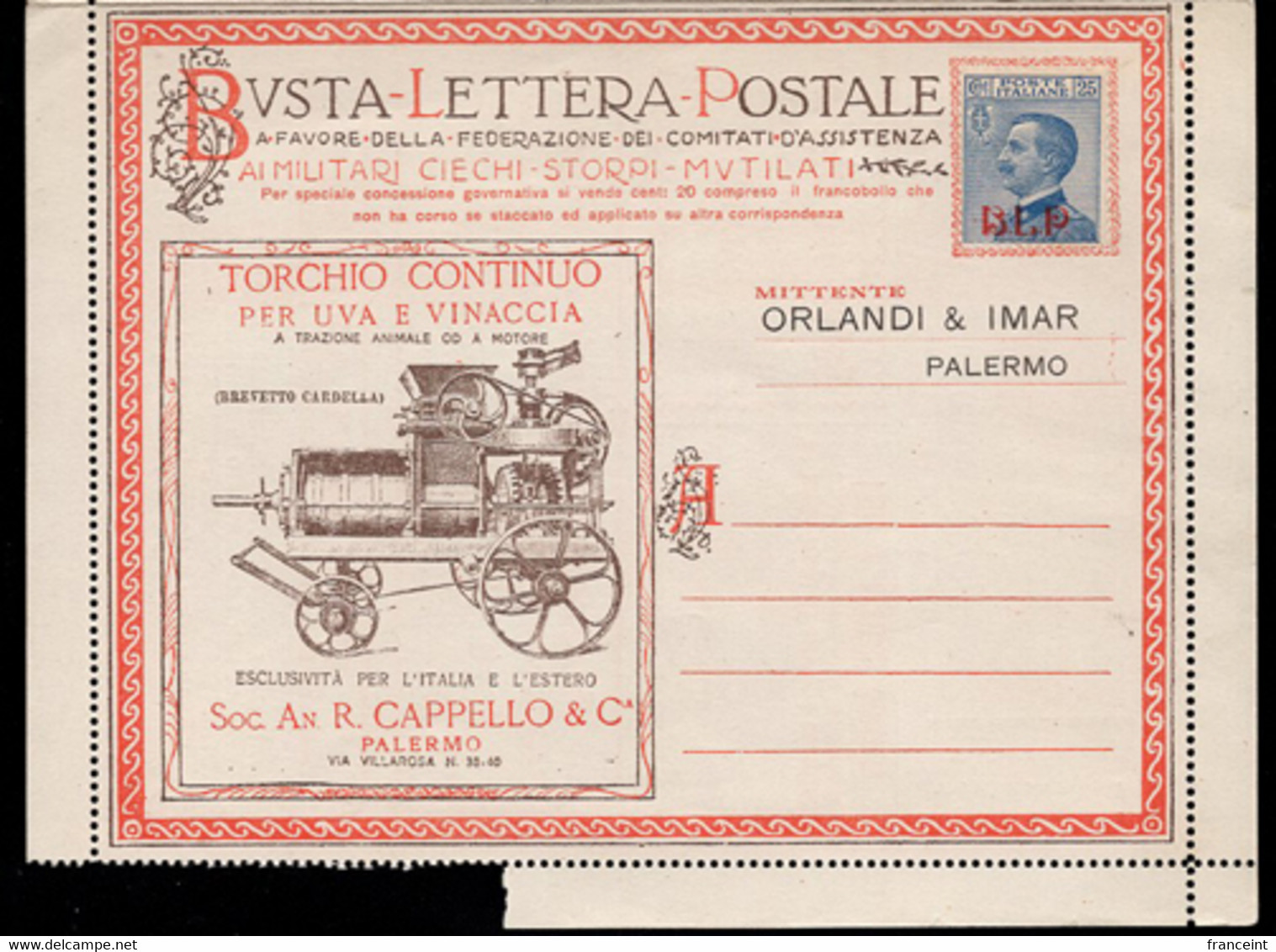 ITALY(1923) BLP Letter. Mechanical Wine Press. Bottle Of Marsala. Clothing. Liquors. Maritime Passenger Service. Etc - Zegels Voor Reclameomslagen (BLP)